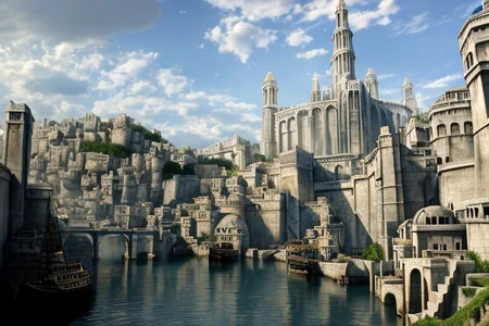 (masterpiece:1.2), (best quality,:1.2), 8k, HDR, ultra detailed, ((photorealistic)), professional light, cinematic lighting, fashion photography, ambient lighting, atmospheric effects, Numenor, a medieval fantasy harbour, some big ships, big statues, towers, walls, <lora:Numenor-10:1>, in the style of Middle Earth, Tolkien, Minas Tirith, epiCPhoto