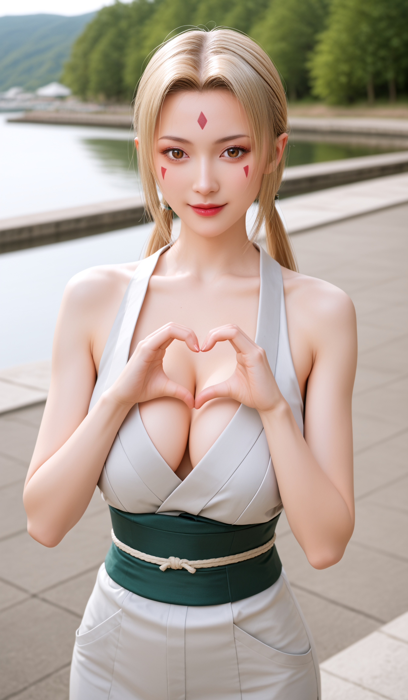 score_9, score_8_up, score_7_up,source_realistic,rating_explicit,(tsunade, blonde hair, yellow hair, facial mark, forehead mark, long hair, makeup, mature female, brown eyes, parted bangs, twintails, low twintails,cleavage, bare shoulders, collarbone, japanese clothes, sleeveless, pants, kimono, sash, bare arms, grey kimono,),heart hands,
(((photo raw)), global illumination Gaussian Blur and high contrast and Depth of Field Blur , ,),shine,glowing,sparkling,energy(dynamic angle,dynamic pose),whole_body,Lying down,Elegant,smile,dazzler, flowers,
underwear,panty,presenting,delicate and whimsical ambiance,rooftop,from side,messy long hair ,bangs, charming,alluring,seductive,erotic,enchanting,cleavage,exposed,
(flowy lower body clothing, denim,  Limestone, High-Low Hem, High Waist, Keyhole Back,,hand sanding,,Coin Pockets,,slit details,,patchwork),(headband, gleeful slightly included (si1) moonstone, full cut, rose cut facets, 1.25 carat, playful,    resinous, aluminum, scratch-resistant, scratch resistance, bleaching, antique setting, fair trade, limited edition, minimalist, industrial, mythological figures),(crater lake, sea cucumber,mythical artefact,building facade),