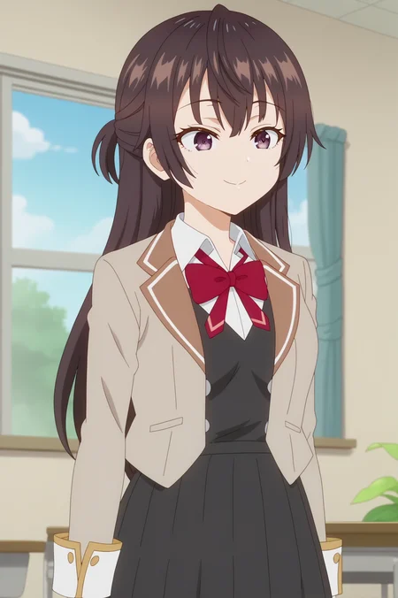 Yuki suou,anime screencap,1girl,solo,mature,long hair,school uniform,bow,purple eyes,jacket,bangs,red bow,shirt,collared shirt,indoors,classroom,windows,sky,plant,standing,smiling <lora:Yuki_Suou - PDXL2.safetensors:0.8>