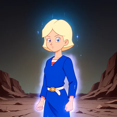 score_8_up, BREAK, JillSmith, 1girl, solo, short hair, blonde hair, blue eyes, blue dress, long sleeves, belt, striped shirt, yellow buckle, cowboy shot, <lora:JillSmith_MPM_PXL_Leaf2:1>, looking at viewer, UltraInstInctAura, aura, light particles, glowing skin, glowing clothes, <lora:UltraInstinctAura_PXL_Leaf2:1>, floating rock, debris, arms at sides,