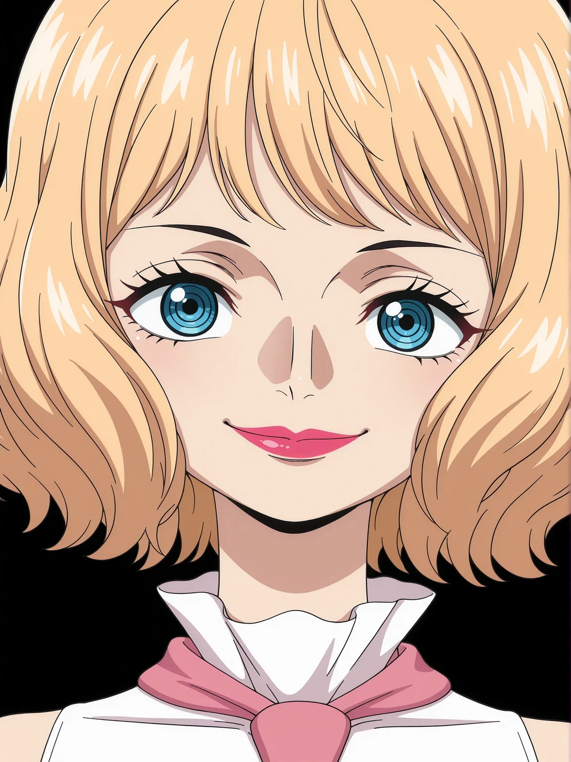<lora:Stussy Illu:1>
1girl, solo,
5tussy, blonde hair, blue eyes, short hair, lipstick, makeup,
portrait, pink necktie, white dress, sleeveless, smile, looking at viewer,
anime screencap, anime coloring,, masterpiece, best quality, amazing quality,, (simple background, black background:1.5),