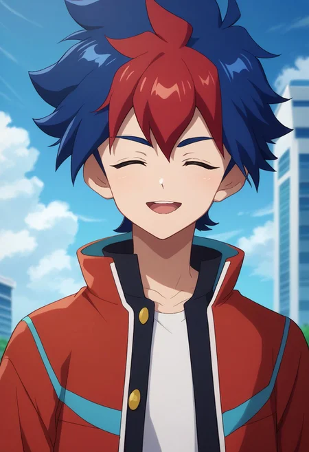 score_9, score_8_up, score_7_up, source_anime, highly detailed,
Tenryu, 1boy, male focus, closed eyes, blue hair, solo, multicolored hair, smile, red hair, open mouth, jacket,
two-tone hair, upper body,
outdoor, sky, building, day, clouds,