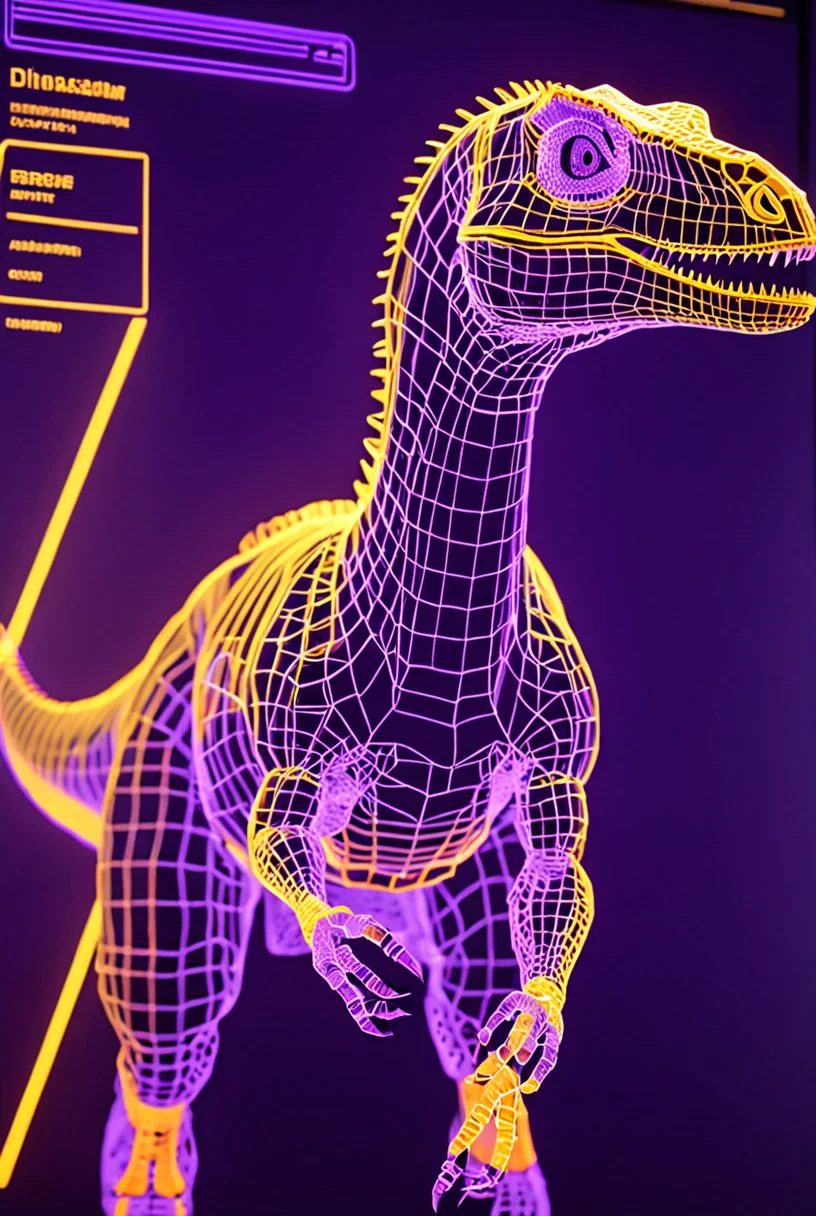 dinosaur,  aqua wireframe of velociraptor, vhs grain, yellow lighting, orange reflections, CRT grain, white noise glitch, purple lineart, portrait, english text, UI display, HUD, detailed scales
[high quality photo, 4k, hd, 7-AnalogueInterfaces, 7-vectors]
<lora:add-detail-xl:0.5> <lora:CRT Vectors v1.0:0.8>