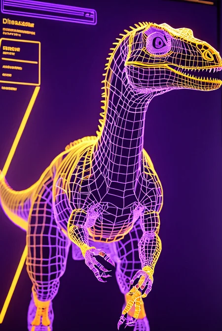 dinosaur,  aqua wireframe of velociraptor, vhs grain, yellow lighting, orange reflections, CRT grain, white noise glitch, purple lineart, portrait, english text, UI display, HUD, detailed scales
[high quality photo, 4k, hd, 7-AnalogueInterfaces, 7-vectors]
<lora:add-detail-xl:0.5> <lora:CRT Vectors v1.0:0.8>