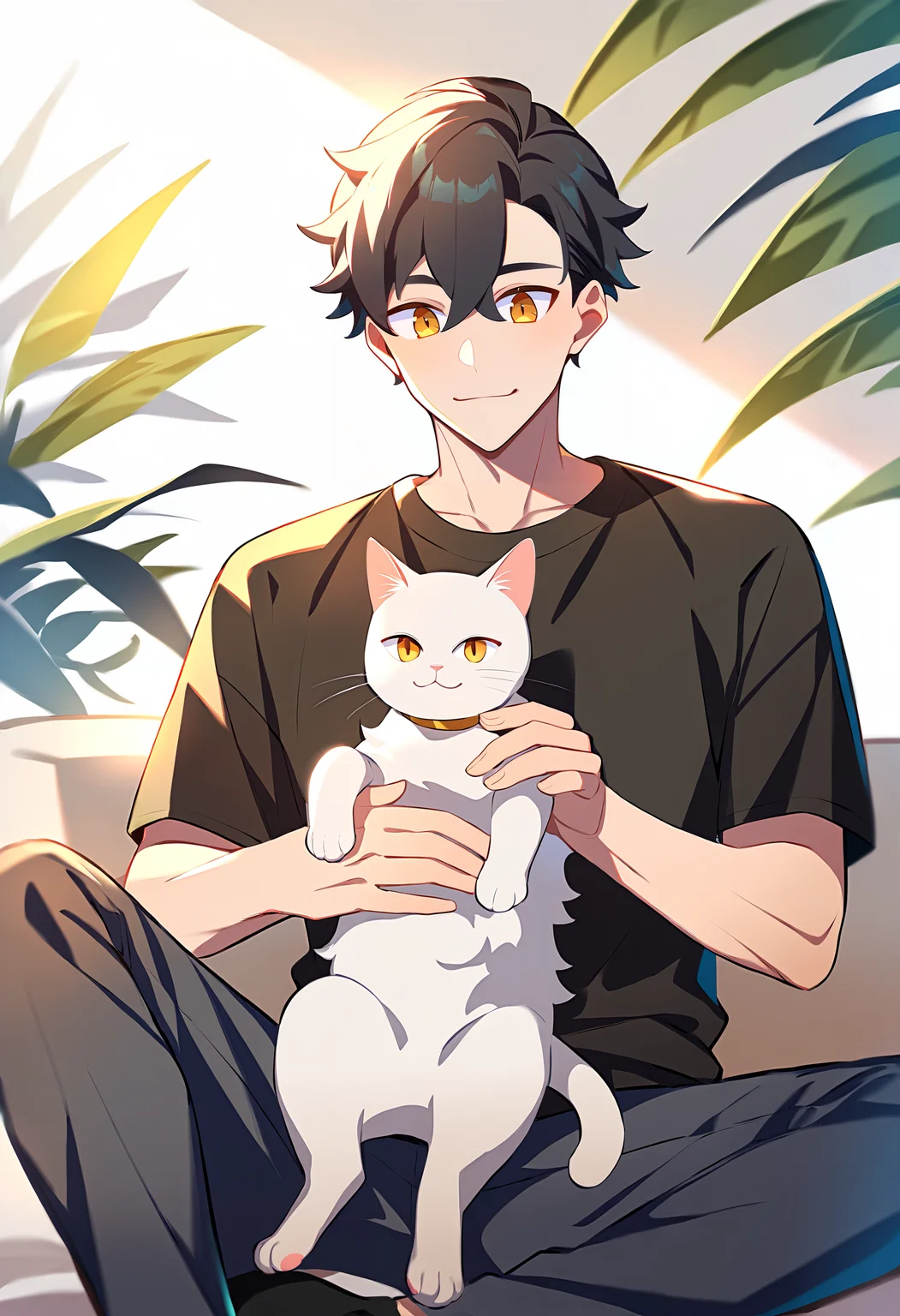 1boy, male focus, sitting, holding cat, holding, cat, holding animal, animal, shirt, pants, best quality, amazing quality, best aesthetic, absurdres