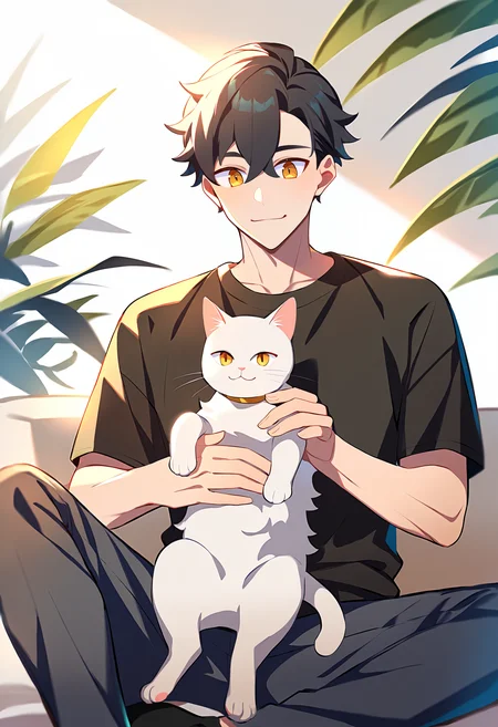 1boy, male focus, sitting, holding cat, holding, cat, holding animal, animal, shirt, pants, best quality, amazing quality, best aesthetic, absurdres