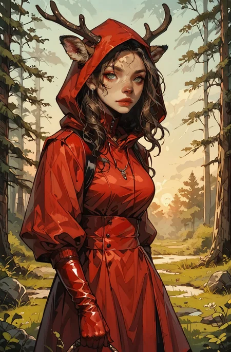 score_9_up, score_8_up, score_7_up, ADDBASE Re_An, detailed background, golden hour, sunset,
anthro, deer girl, forest, red latex hood,
short, curly black hair with tight, bouncy curls, natural volume adding fullness, soft taper around the nape for a polished look, gentle shine enhancing the curl pattern, creating a lively and stylish appearance with a touch of sophistication, large breasts, red rubber boots,
perfect light, Exquisite color design,
<lora:Furry Enhancer 6.1_474598:1> <lora:t4tsXLP:1> <lora:Realistic_Anthro:0.7>