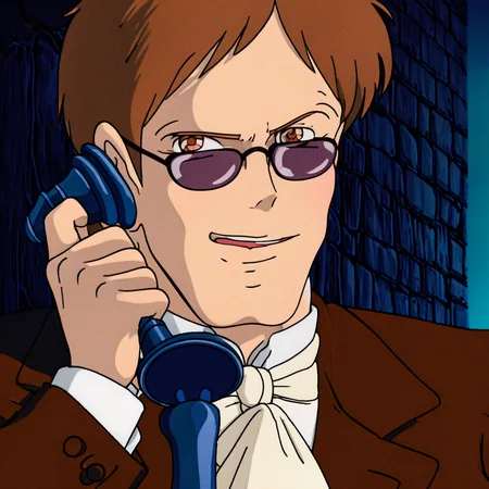 brown hair, upper body, smile, formal, talking on phone, sunglasses, parody, phone, brown eyes, solo
