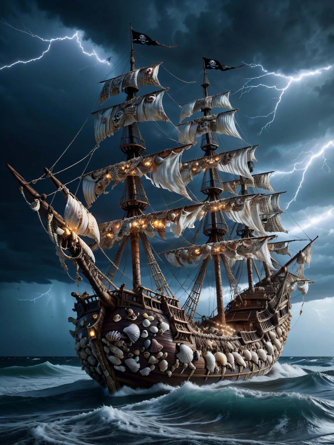 (night:1.4), pirate ship covered in mad-seashells on ocean, torn_sails, zombie, skeleton, storm, lightning, storm waves, <lora:Sea_Shells_SDXL:1.0>, masterpiece, best quality, ultra high res, (photorealistic, realistic:1.2), deep shadow, raw photo, film grain, Fujifilm XT3, 8k uhd, dslr