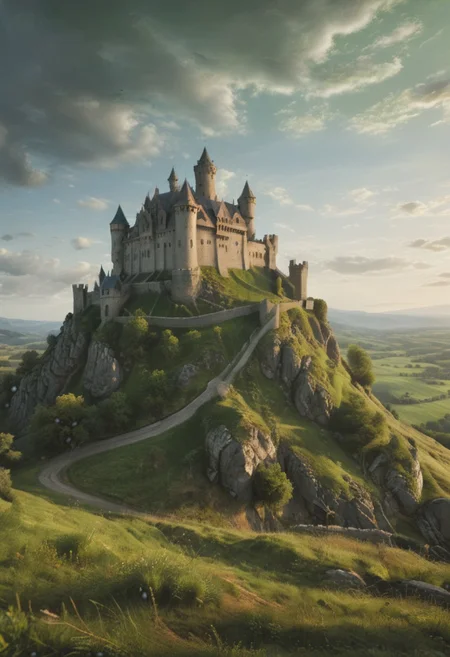 photographic , photo realism, hyper-realistic, a medieval castle, on an edge of a mountain, green grasslands to the horizon, morning time, clear sky, cinematic view, dramatic lighting, soft lights, excellent composition, finest details, maximized details, ultimate detail level, masterpiece, best quality, advntr, zavy-cnmtc, atmospheric haze, cinematic still, dynamic lighting, movie screencap, moody, film