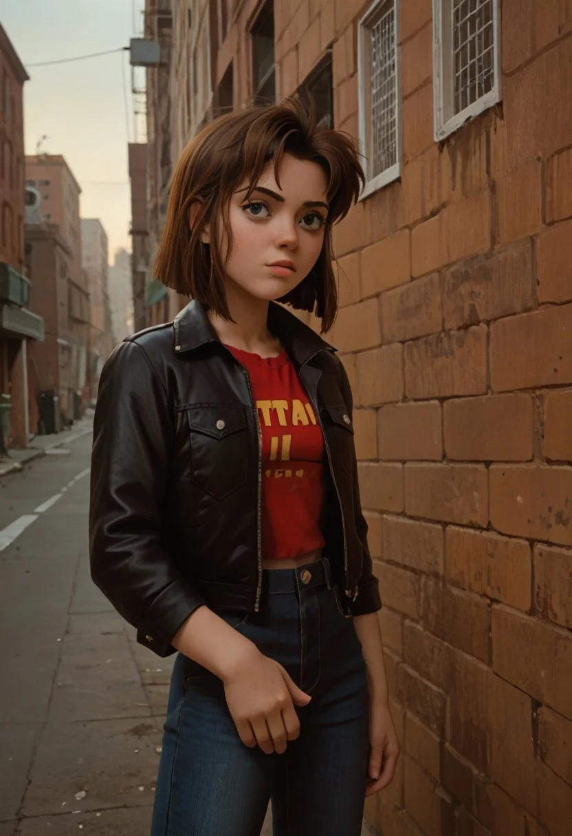 score_9, score_8_up, score_7_up, score_6_up, TTFD, teen_titans, 1girl, brown hair, black leather jacket, dark jeans, leaning against brick wall, cool expression, urban alley, gnsmth