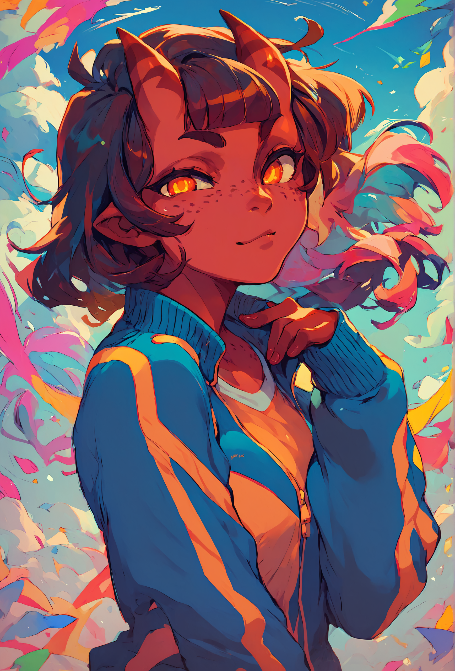score_9, score_8_up, score_7_up, score_6_up, score_5_up, score_4_up,  vibrant colors, vivid colors, cloud, blue sky BREAK
 <lora:meru_succubus_ponyxl_v1_unet:0.75> meru, 1girl, solo, looking at viewer, freckles, medium breasts, shirt, track jacket, open jacket BREAK
<lora:Rainbow Style SDXL_LoRA_Pony Diffusion V6 XL:0.75>