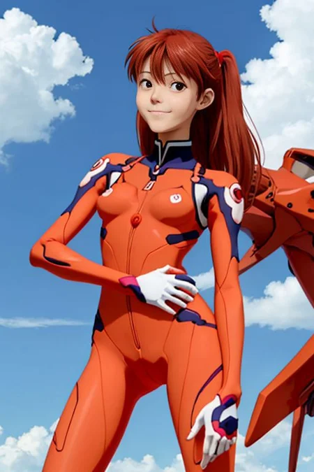 evangelion, souryuu asuka langley, 1girl, smug, closed mouth, smile wind, plugsuit, hand on hip, looking at viewer, solo <lora:evangelion1995Style_v1:0.6>