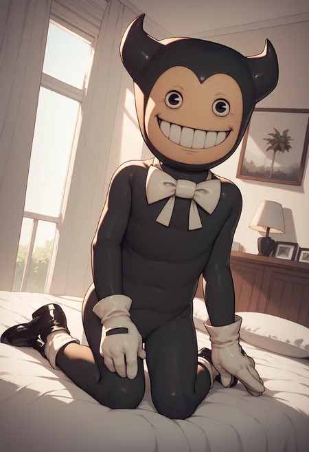<lora:ollie_PDXL_Mlaofmd-09:1.0> score_9, score_8_up, score_7_up, 1boy, solo, ollie, bendy the dancing demon, black skin, 2 horns, black eyes, smile, grin, bow tie, gloves, black shoes, inside, detailed background, bedroom, on bed, kneeling, sitting, head tilt, dutch angle, looking at viewer