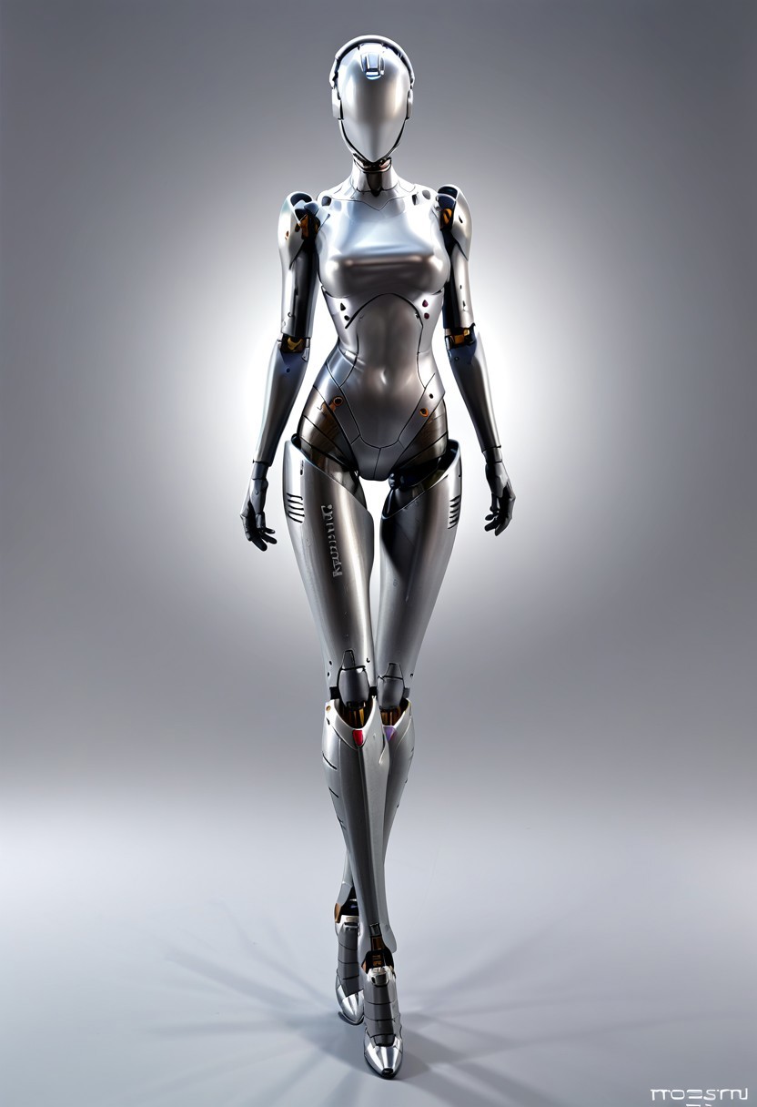 A 35mm full length photo of a beautiful robotic woman, she has a faceless robotic head, robot, silver hair, smooth dark grey metallic featureless feminine body
no face