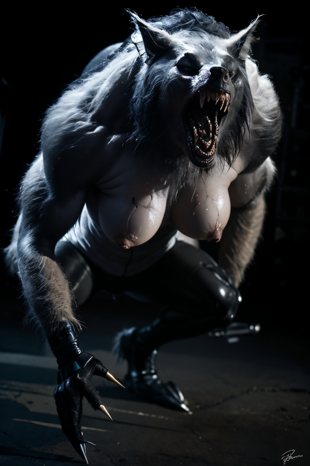 EdobWerewolf woman (gigantic breasts:1.2) exposed chest (full body shot) (Realistic:1.5) realistic, giant, teeth, looking at viewer, 1boy, black background, 1girl, giant, from side, glowing, injury, facial hair, injury, weapon, sky, signature, no humans, looking at viewer, teeth, 1girl,  <lora:EdobWerewolf_v2.0:0.8>