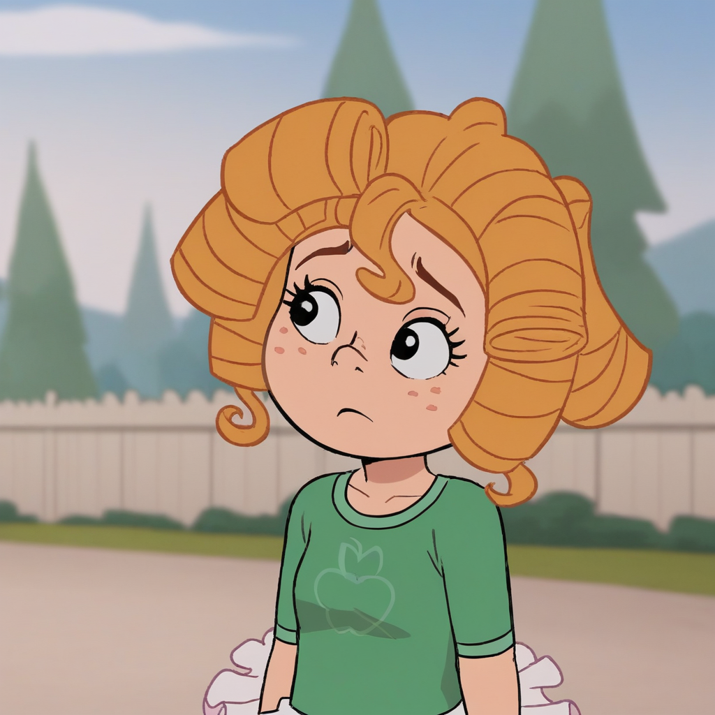 score_9_up, score_8_up, BREAK, AppleWilson, 1girl, solo, blonde hair, black eyes, green shirt, tutu, upper body, <lora:AppleWilson_MotherUp_PXL_Leaf2:1>, outdoors,