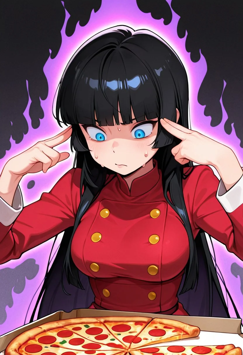 pizzakinesis, PKMNSabrina levitating pizza (meme), pizza slice, floating food, fingers to head, looking at pizza slice, stringy cheese, focused expression, stressed,
PKMNSabrina, blue eyes, 1girl, long hair, very long hair, black hair, blunt bangs, hime cut, short dress, red deess, long sleeves, double-breasted, buttons, breasts,
solo, sweat drop, looking down, pizza slice has glowing purple aura,
upper body, masterpiece, best quality, amazing quality
