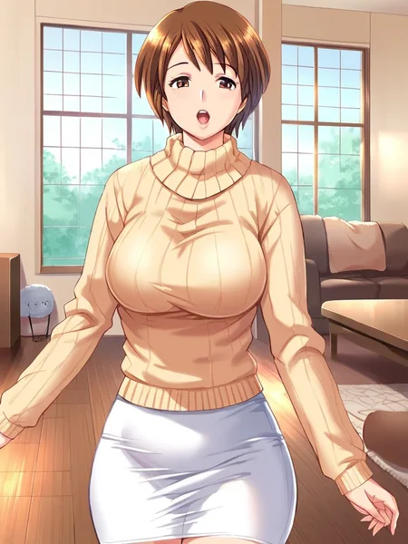score_9, score_8_up, score_7_up,
1girl, aoki Hinako, mature female, large breasts, brown hair, short hair, brown eyes,
standing, beige sweater, long sleeves, turtleneck, white skirt, standing, indoors, window, living room, open mouth, looking at viewer,