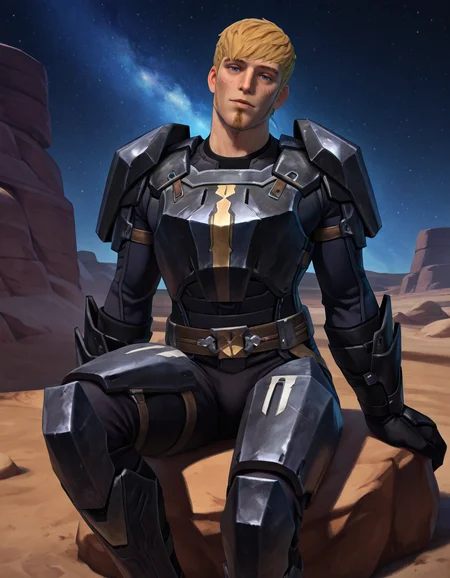 masterpiece, best quality, newest, perfect quality, intricate details, detailed background, male focus, realistic, solo, <lora:SWTOR - Torian Cadera - Illustrious-000005:0.8>, tcadera, 1boy, mature male, blonde hair, very short hair, side burns, goatee, blue eyes, cheek scars, come hither, head tilt, night, space, looking at viewer, breastplate, shoulder armor, gauntlets, gloves, belt, leg armor, boots, sitting, on rock, contrapposto, outdoors, desert