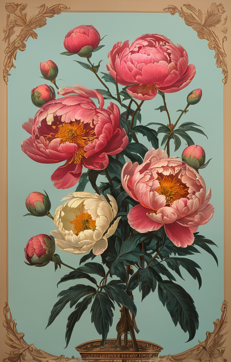 masterpiece,best quality,<lora:tbh261-sdxl:0.9>,illustration,style of Chromolithography decaying peonies