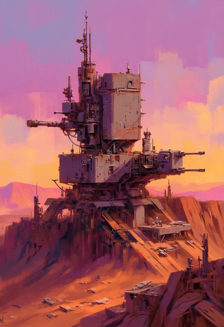 Inkpunk Anime, in the style of ck-sfc,, a planetary science exploration base on an arid and dusty landscape, featuring a central control tower, plus numerous armoured turrets with large guns, and smaller research laboratory buildings and living quarters. Sunset, vivid sky