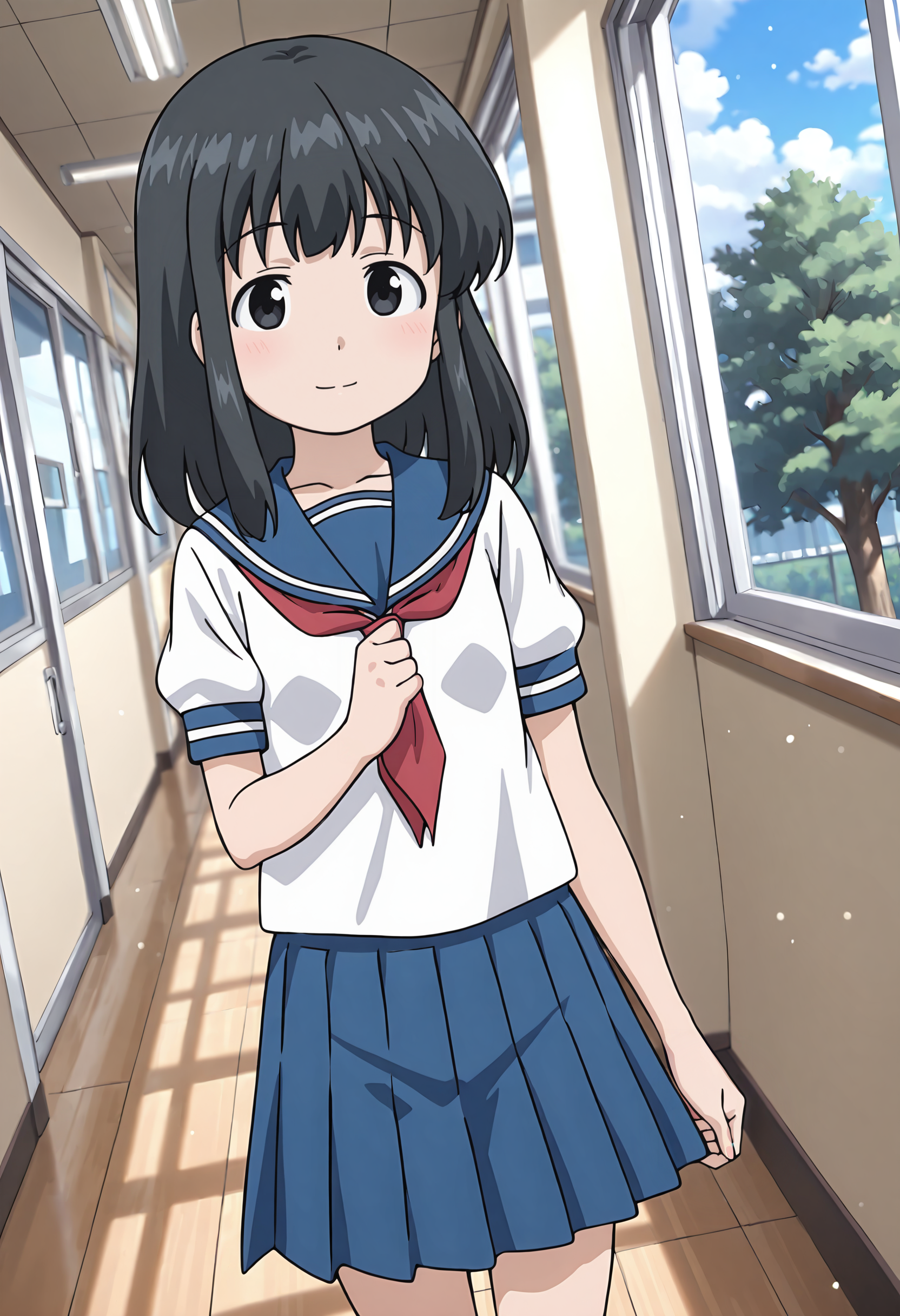 best quality, amazing quality, perfect quality, high quality, masterpiece, absolutely eye-catching BREAK
<lora:Ika_Musume_-_Ayano_Watanabe:1> IkaAyano, black eyes, black hair, medium hair, long sidelocks, wispy bangs BREAK
blue sailor collar, red neckerchief, white shirt, short sleeves, blue pleated skirt BREAK
indoors, school, corridor, window, light particles, tree BREAK
1girl, solo, walking, mid-stride, looking at viewer, light smile, dutch angle, cowboy shot