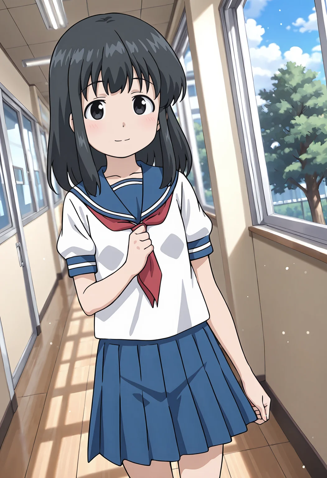 best quality, amazing quality, perfect quality, high quality, masterpiece, absolutely eye-catching BREAK
<lora:Ika_Musume_-_Ayano_Watanabe:1> IkaAyano, black eyes, black hair, medium hair, long sidelocks, wispy bangs BREAK
blue sailor collar, red neckerchief, white shirt, short sleeves, blue pleated skirt BREAK
indoors, school, corridor, window, light particles, tree BREAK
1girl, solo, walking, mid-stride, looking at viewer, light smile, dutch angle, cowboy shot