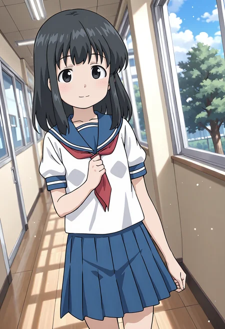 best quality, amazing quality, perfect quality, high quality, masterpiece, absolutely eye-catching BREAK
<lora:Ika_Musume_-_Ayano_Watanabe:1> IkaAyano, black eyes, black hair, medium hair, long sidelocks, wispy bangs BREAK
blue sailor collar, red neckerchief, white shirt, short sleeves, blue pleated skirt BREAK
indoors, school, corridor, window, light particles, tree BREAK
1girl, solo, walking, mid-stride, looking at viewer, light smile, dutch angle, cowboy shot
