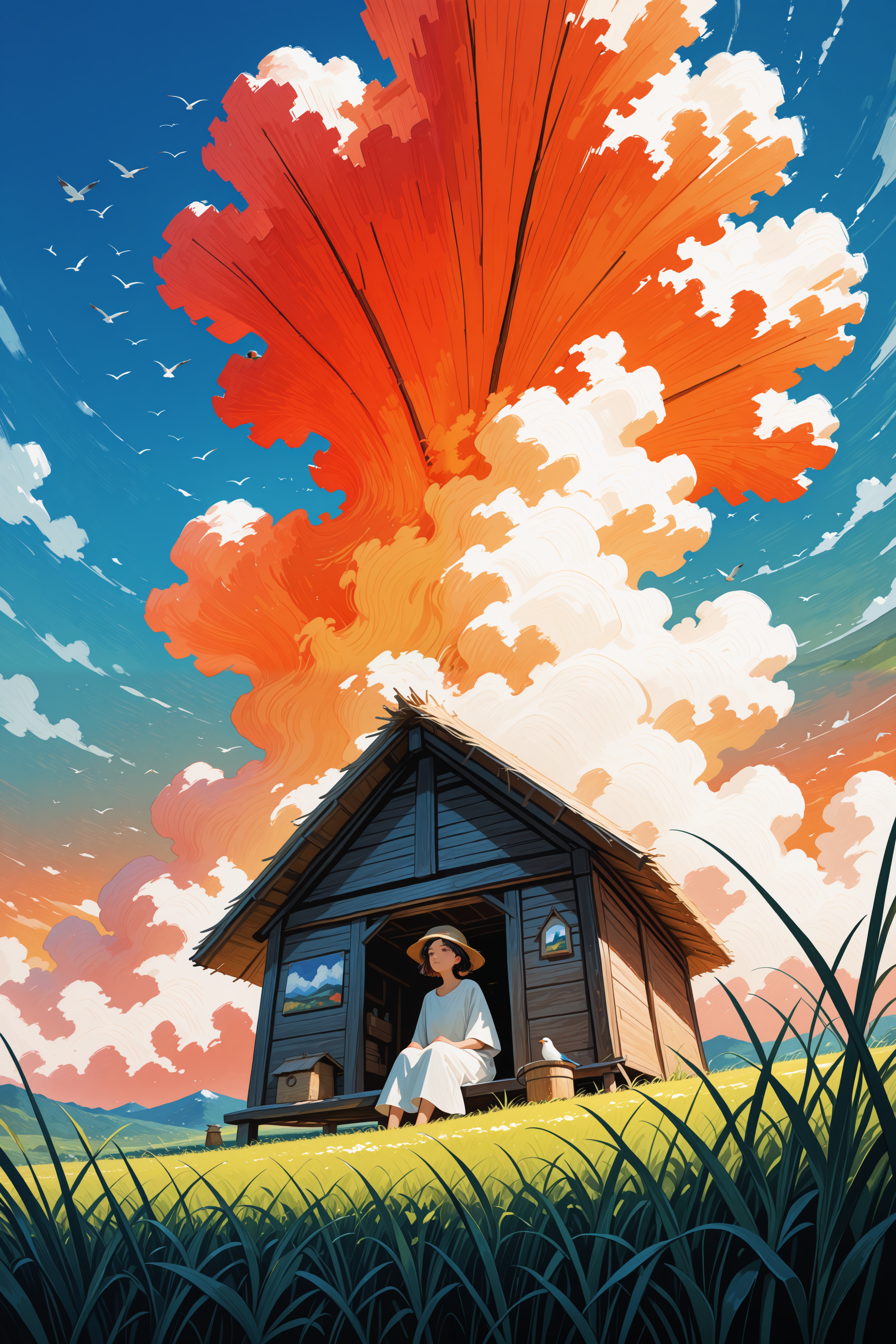 lazypos,Scandinavian Style Palette, ( impressionism:1.7 ), realistic body,
1girl, sitting in grass, tall grass,  a hut, from below, birds, gradient orange cloud <lora:super_secret_lora_not_released:5> <lora:TrendCraft_The_Peoples_Style_Detailer-v1.0A-3_13_2025-illustrious:0.2>