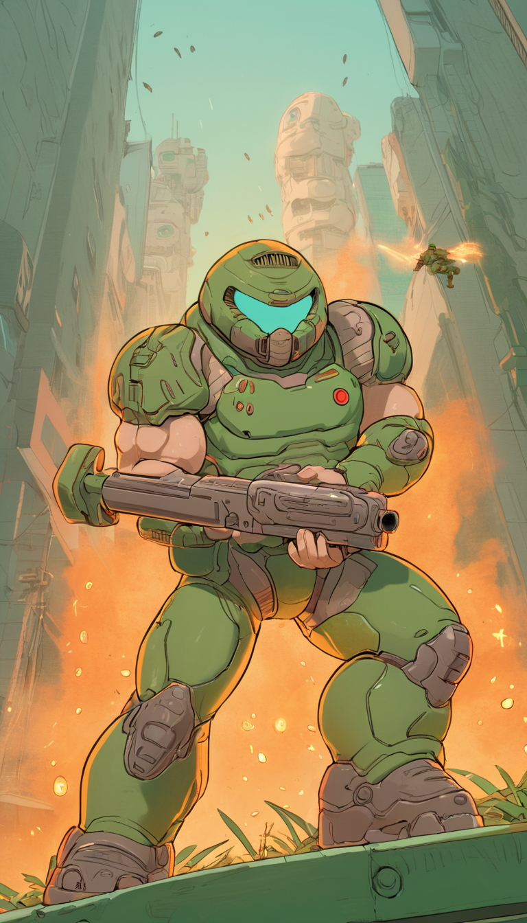 Cinematic scene, hero view, Doomguy, action pose, detailed background, masterpiece, best quality, high quality, highres, absurdres <lora:doomguy_xl_v1:1>, (Studio ghibli style, Art by Hayao Miyazaki:1.2), Anime Style, Manga Style, Hand drawn, cinematic, Sharp focus, humorous illustration, big depth of field, Masterpiece, concept art, trending on artstation, Vivid colors, Simplified style, trending on ArtStation, trending on CGSociety, Intricate, Vibrant colors, Soft Shading, Simplistic Features, Sharp Angles, Playful