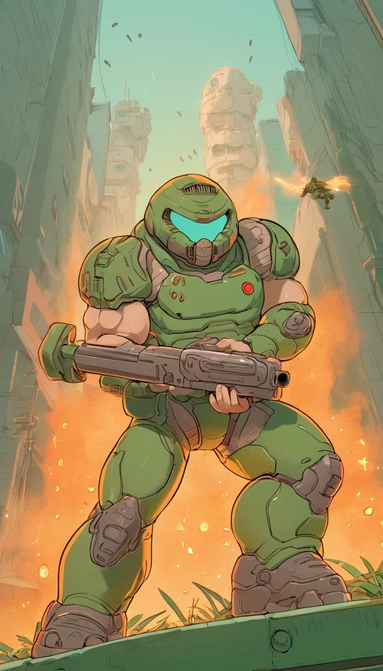 Cinematic scene, hero view, Doomguy, action pose, detailed background, masterpiece, best quality, high quality, highres, absurdres <lora:doomguy_xl_v1:1>, (Studio ghibli style, Art by Hayao Miyazaki:1.2), Anime Style, Manga Style, Hand drawn, cinematic, Sharp focus, humorous illustration, big depth of field, Masterpiece, concept art, trending on artstation, Vivid colors, Simplified style, trending on ArtStation, trending on CGSociety, Intricate, Vibrant colors, Soft Shading, Simplistic Features, Sharp Angles, Playful
