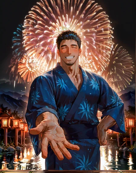 <lora:hanabitaikai:.7> hanabitaikai, aerial fireworks, colorful, yukata, laugh, smile, closed eyes, grin, happy face, closed mouth, blush,  reaching hands to the viewer, foreshortening, lake, mountain, lantern, 
 (very short hair), male focus, muscular male, bara, mature, (hairy body, hairy, body hair, arm hair, leg hair, hairy body, glossy skin, bara, mature, facial hair, beard, full beard, sideburn, mustache, stubble), facial hair, bara, mature, body hair, aixiwuganda_(20222192), very awa, masterpiece, best quality, absurdres, newest, perfect quality, detailed background, intricate details,<lora:slider_Body Type_alpha1.0_rank4_noxattn_last:2><lora:Anime Summer Days 2 Style SDXL_LoRA_Pony Diffusion V6 XL:.6><lora:merged:.7>, DARK, DARK BACKGROUND, LOW-KEY LIGHTING <lora:slider_cfg_scale_boost:.7><lora:Artist6p:.55>, Artist6p, Artist04p,<lora:slider_il_brightness_slider_d1:-.5><lora:slider_il_contrast_slider_d1:-.25>,<lora:addon_illustriousXLv01_stabilizer_v1.121:.5>,<lora:slider_DarkSlider1.2_alpha1.0_rank16_full_300steps:-.3>