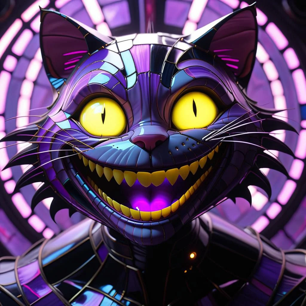 Cheshire cat, big grin, clockwork, steampunk, stained glass, fiber optic, purple and black neon, yellow eyes, white teeth, troncore, radial, dark futuristic, dark space background