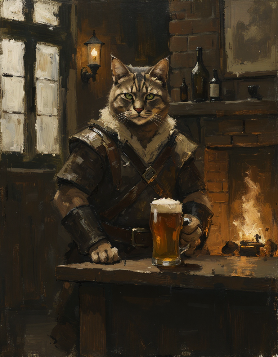 a fantasy anthropomorphic cat warrior in a dark tavern holding a pint of ale in a cozy environment with gas lamps, rustic wood, warm brick fireplace, and frosted glass windows
