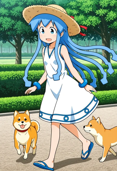 <lora:dmd2_sdxl_4step:1>, 1girl, <lora:ikmsm_illustrious_v7:1> ikmsm, ikamusume, (straw hat with big red ribbon), white dress, sleeveless, blue trimmed dress, (zouri sandals:1.5), (no anklet:1.5), (no ankle bracelet:1.5), (no ankle ornament:1.5), 
smile,
walking, park, shiba inu, dog lead,
general, masterpiece, best quality, anime coloring,