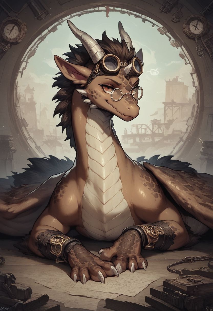 (easynegative 1) 4 legs, dragon,  solo, feral,  girly,  fluffy dragon, , ,  looking at viewer, ,  smirk, grey brown body, two-tone, little horn,  , steampunk, goggle glasses on head, lyingon on side ,