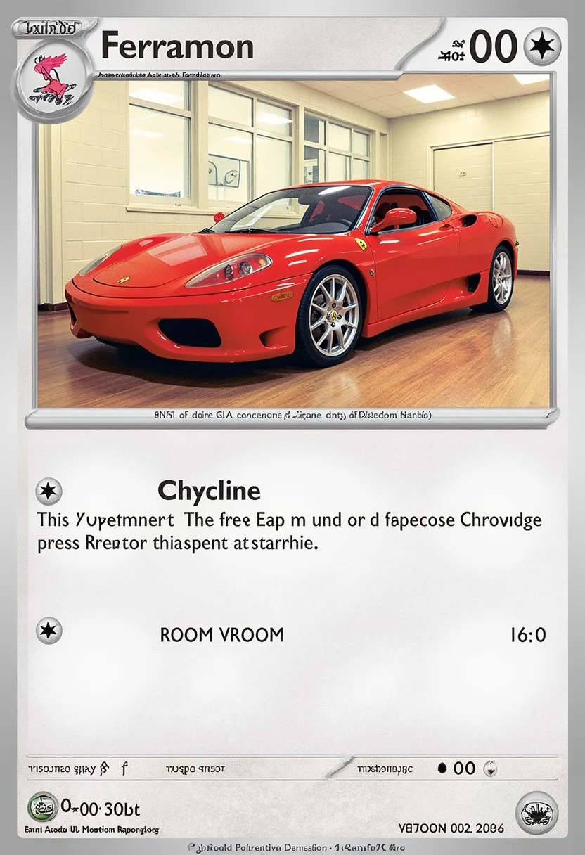 Pokemon trading card featuring a sports car called "Ferrarimon", this card is a neutral type, it has no attacks. The description reads "VROOM VROOM"