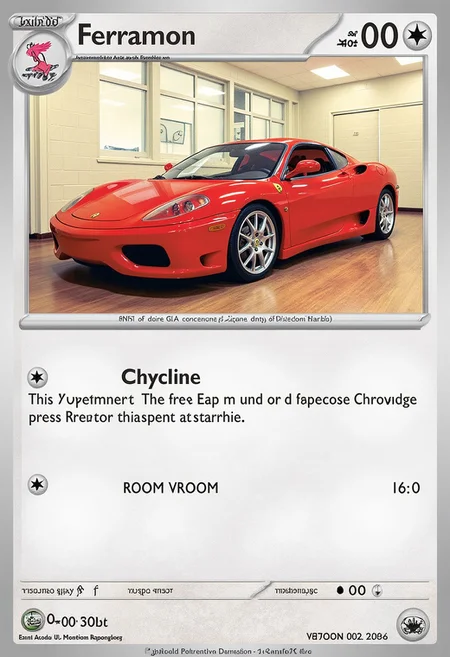 Pokemon trading card featuring a sports car called "Ferrarimon", this card is a neutral type, it has no attacks. The description reads "VROOM VROOM"