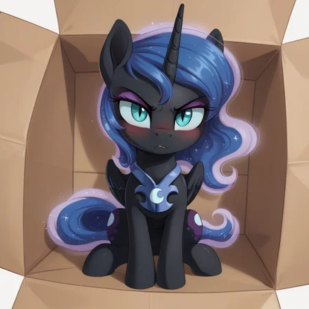 score_9, score_8_up, score_7_up, score_6_up, score_5_up, score_4_up, g4, solo, pony, feral pony, female, Nightmare moon, young, child, kid, younger, children, sit, on knees, angry, look at you, box, in box, blushing, cute, glare, high res, lidded eyes, detail face, detail face