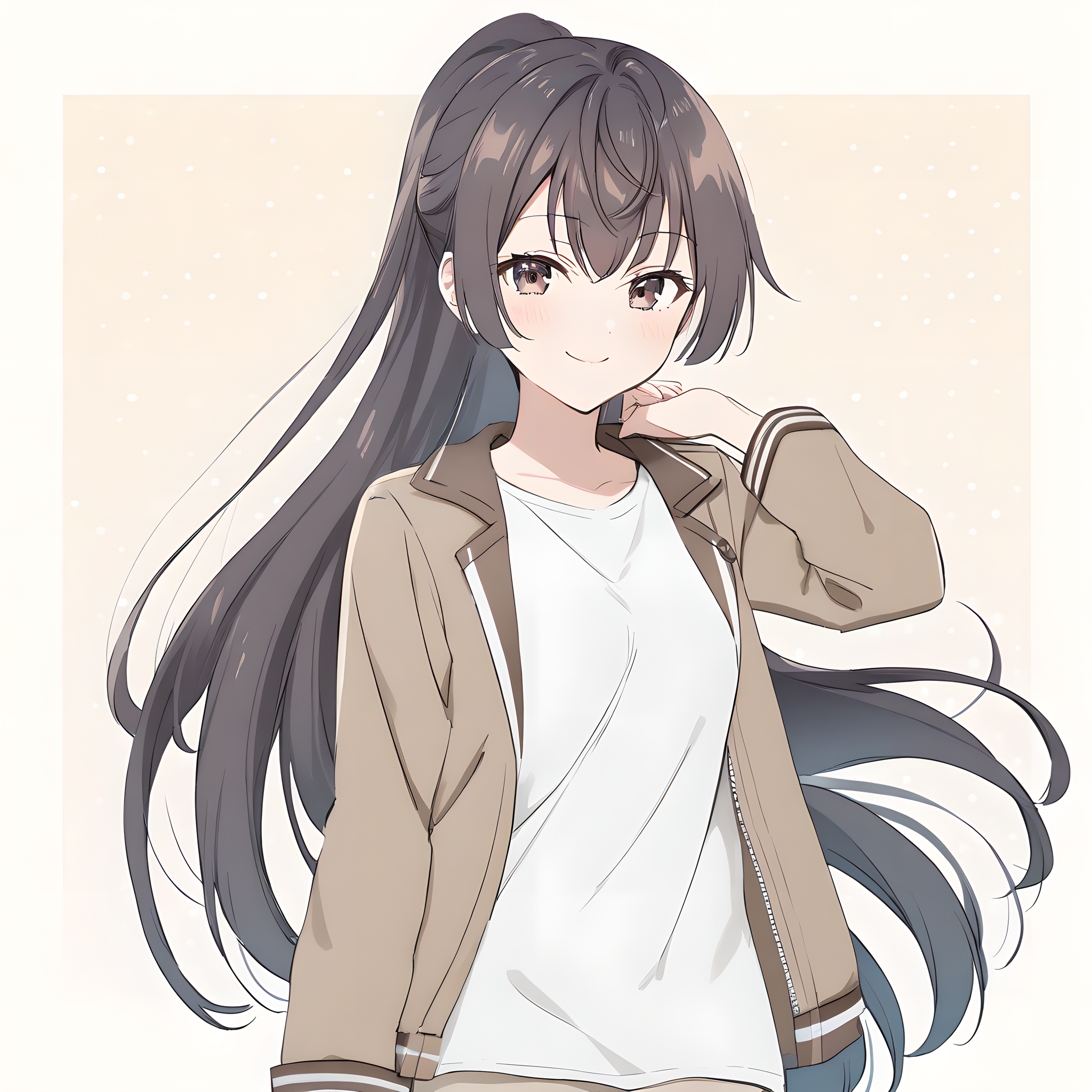 suou_yuki, brown hair, brown eyes, long hair, ponytail, medium breasts, white t-shirt, jacket.  cowboy shot, smile. girl, solo, <lora:XL-SuouYuki:1>