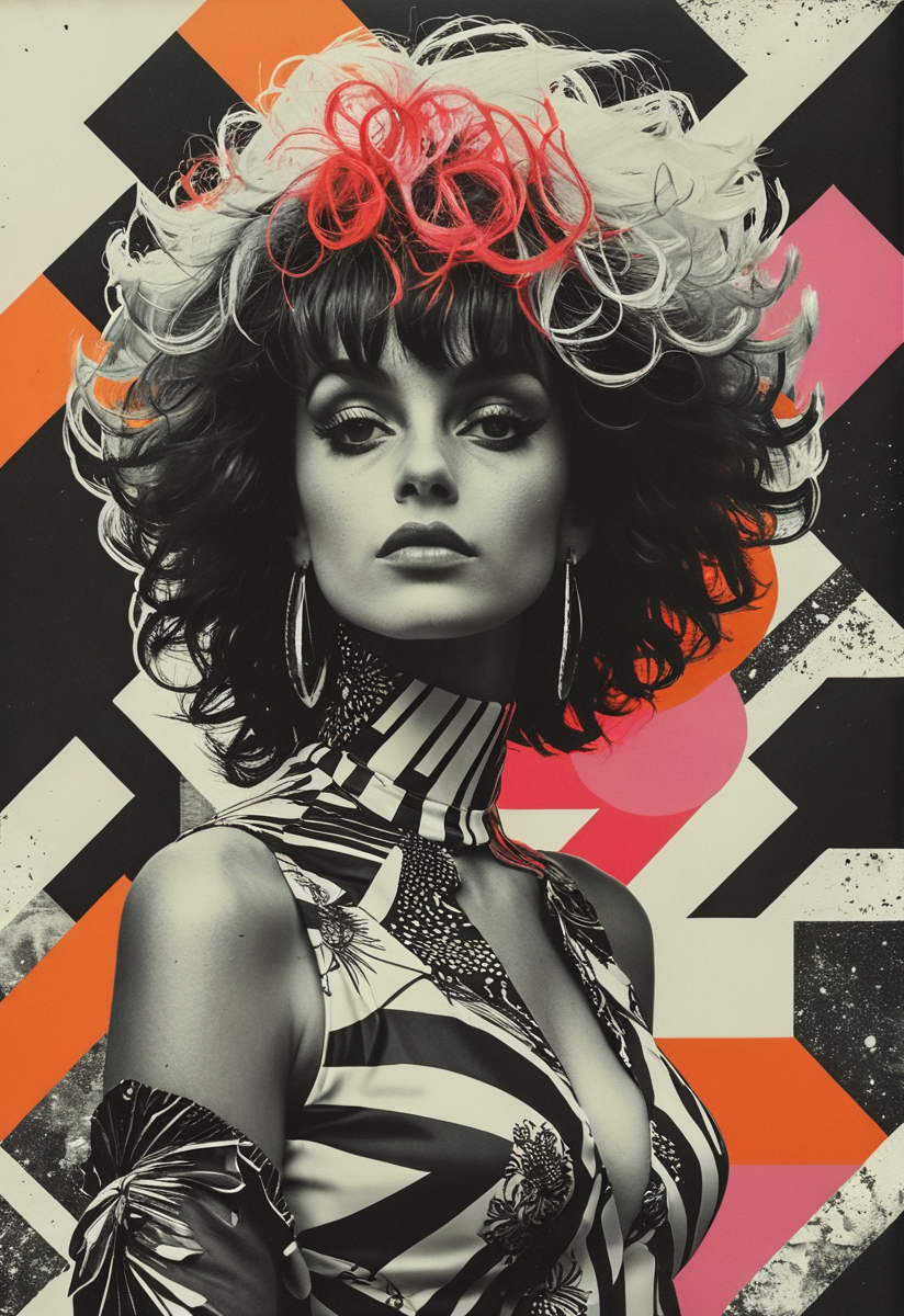 mixed media digital collage poster of a flamboyant woman with a huge wig, editorial collage with geometrical shapes, mixing black and white elements with colored elements,  mixed media with zoological elements, in the style of futuristic retro, detailed world classic art, pop art brightness, urban decay, wildstyle graffiti, vibrant colors, graphic design,tattoos, city portraits, flat style,polaroid,Judy Chicago <lora:add-detail-xl:1> <lora:DD-sli-v1:1> <lora:MJ52:0.5>