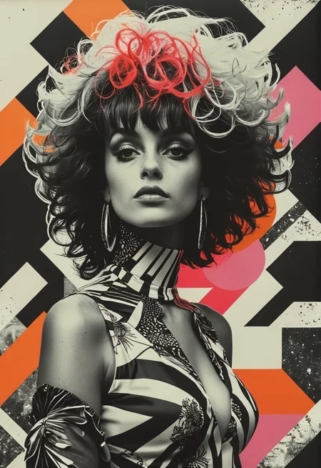 mixed media digital collage poster of a flamboyant woman with a huge wig, editorial collage with geometrical shapes, mixing black and white elements with colored elements, mixed media with zoological elements, in the style of futuristic retro, detailed world classic art, pop art brightness, urban decay, wildstyle graffiti, vibrant colors, graphic design,tattoos, city portraits, flat style,polaroid,Judy Chicago <lora:add-detail-xl:1> <lora:DD-sli-v1:1> <lora:MJ52:0.5>
