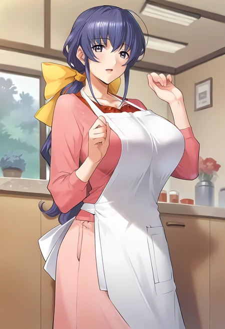 score_9, score_8_up, score_7_up, source_anime, masterpiece, 1girl, ct_haruka, blue hair, ponytail, hair bow, large breasts, pink shirt, long sleeves, apron, light pink long skirt, looking at viewer, indoors, japanese home, hand up,<lora:HarukaOgihara_Pony_ct:1>