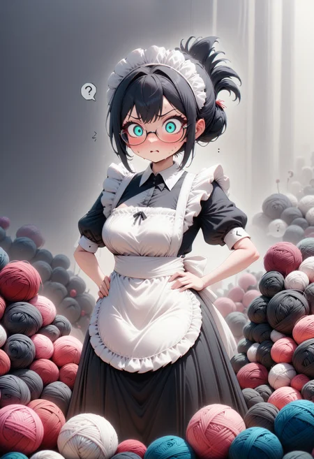 masterpiece, very aesthetic, absurdres, newest, Yarnworld, 1girl, cowboy shot, maid, black dress, long dress, white apron, maid headdress, black hair, folded ponytail, glasses, hand on hips, confused expression, flying question mark, holding up a large ball of yarn <lora:Challenge_Winnifier:1> <lora:Yarnworld-000017:1>