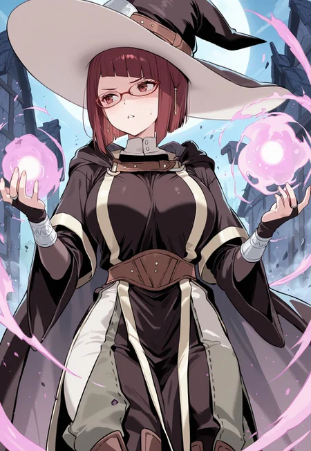 masterpiece, best quality, newest, absurdres, very aesthetic, 1girl, solo, cowboy shot, anime coloring,beautiful Background,in a destroyed Farm,destruction everywhere,m1ri, dark red hair, bob cut, dark red eyes, large breasts
witch hat, glasses, hair ornament, white collar, black cape, brown strap, black shirt, layered sleeves, black sleeves, bridal gauntlets, tabard, pelvic curtain, brown belt, baggy pants, two-tone pants, brown boots,large breasts,standing, Magic,making Magic,