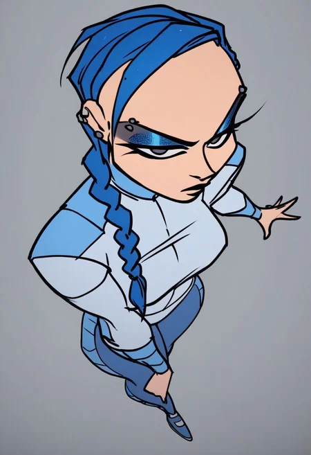 score_9, score_8_up, score_7_up, anna,
solo,1girl ,breasts, braid, blue hair, long hair, braid,great shading,,open eyes, eyeshadow, blue eyeshadow,makeup,, eyebrow piercing, piercing,
blue motosuit,
standing pose, looking at viewer, full body
gray background,