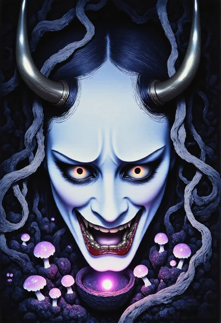 Satyr ArsMovieStill, movie still from a 1970s horror movie Studio Ghibli Dark Fairytale depicting a cursed hannya mask with horns and fangs in an eerie dark forest amidst twisting vines and luminous purple mushrooms