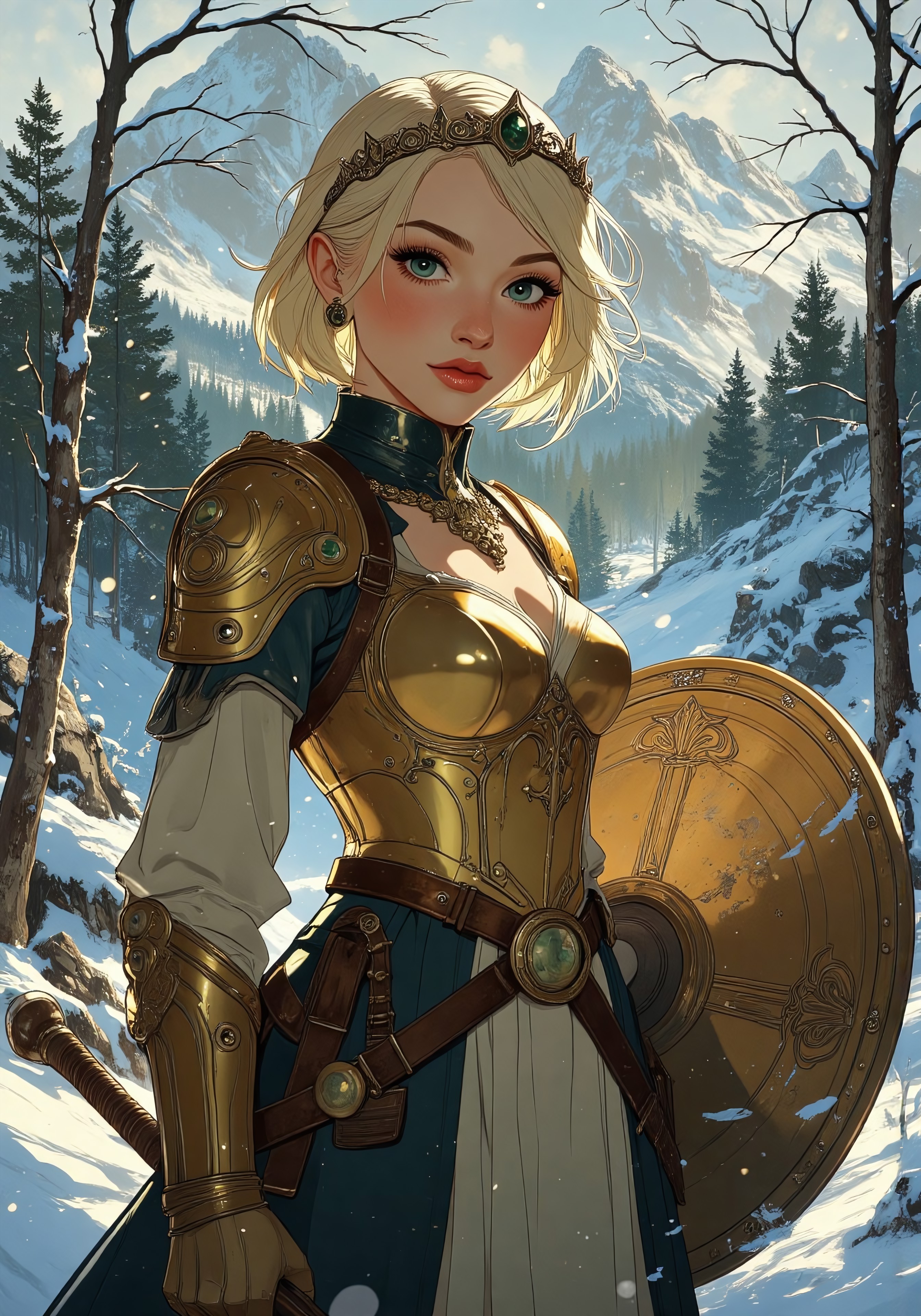 Anime art, Full-length, gorgeous fantasy blonde, naturally straight short platinum hair, tiara, tight golden armor, standing on a hill. Full, high breasts, tight waist, round thighs, blue eyes, no blush. Backdrop of fantasy highlands in winter, bright and cold winter colors, icy lakes and wooded areas, mixture of evergreen and deciduous, pixie hairstyle, diffused lighting, determined facial expression, intricate armor details. holding Axe and Shield <lora:aidmaMJ6.1_v0.5_3:0.5>,  <lora:Anime Art V3_Flux:0.5>