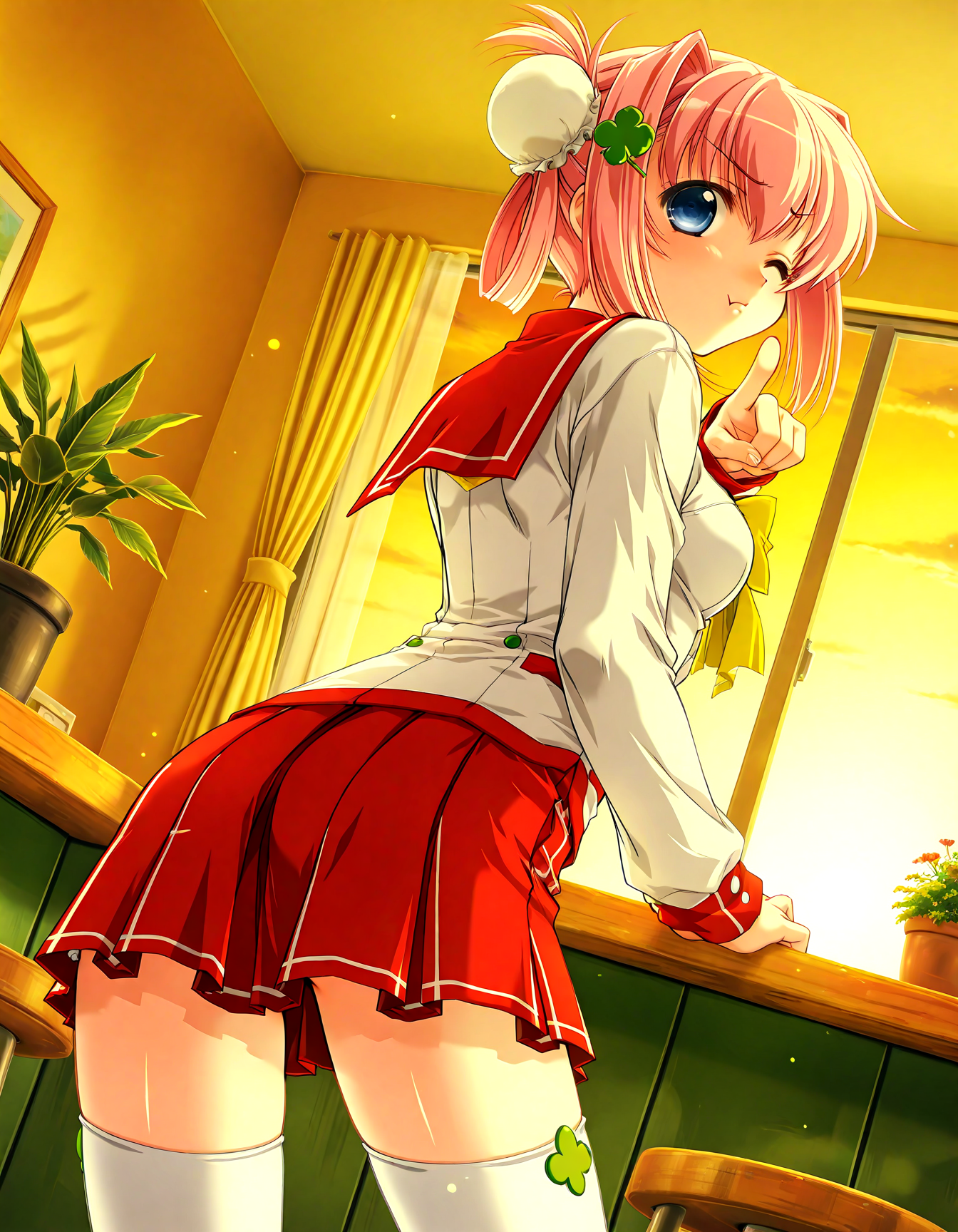 (1girl, solo:1.3), (2girls, 3girls, 4girls, multiple girls, 2boys, 3boys, 4boys, multiple boys:-1.5) <lora:Ainame_Chisato_Hachukano_Illustrious:0.9>, Ainame Chisato, medium breasts, blue eyes, pink hair, short hair, bangs, hair intakes, hair between eyes, sidelocks, bun cover, single hair bun, hair bun, four-leaf clover hair ornament, clover hair ornament, hair ornament, school uniform, serafuku, sailor collar, long sleeves, yellow bow, bowtie, pleated skirt, plaid skirt, red skirt, miniskirt, white thighhighs (pout:0.7), one eye closed, general, contrapposto, dynamic pose, pointing at viewer, portrait, from behind, from below, dutch angle, indoors, cafeteria, cafe, wooden stool, plant, potted plant, flower, (perspective:0.7), <lora:NOOB_EPSv1_1_detailer_by_vlnvk_v1_0:1.5>, (photo background:0.7), evening, (tachibana yuu:0.6), inue shinsuke, (kazuma muramasa:0.0), saikawa yusa, (aoi manabu:0.6), abarerumidori, (suzui narumi:0.6), masterpiece, newest, absurdres, 8K, anime screenshot, anime coloring, flat color, official art, film grain, <lora:illustriousXLv01_stabilizer_v1.185c:0.7>, <lora:LECO_Solo:-4.0>,